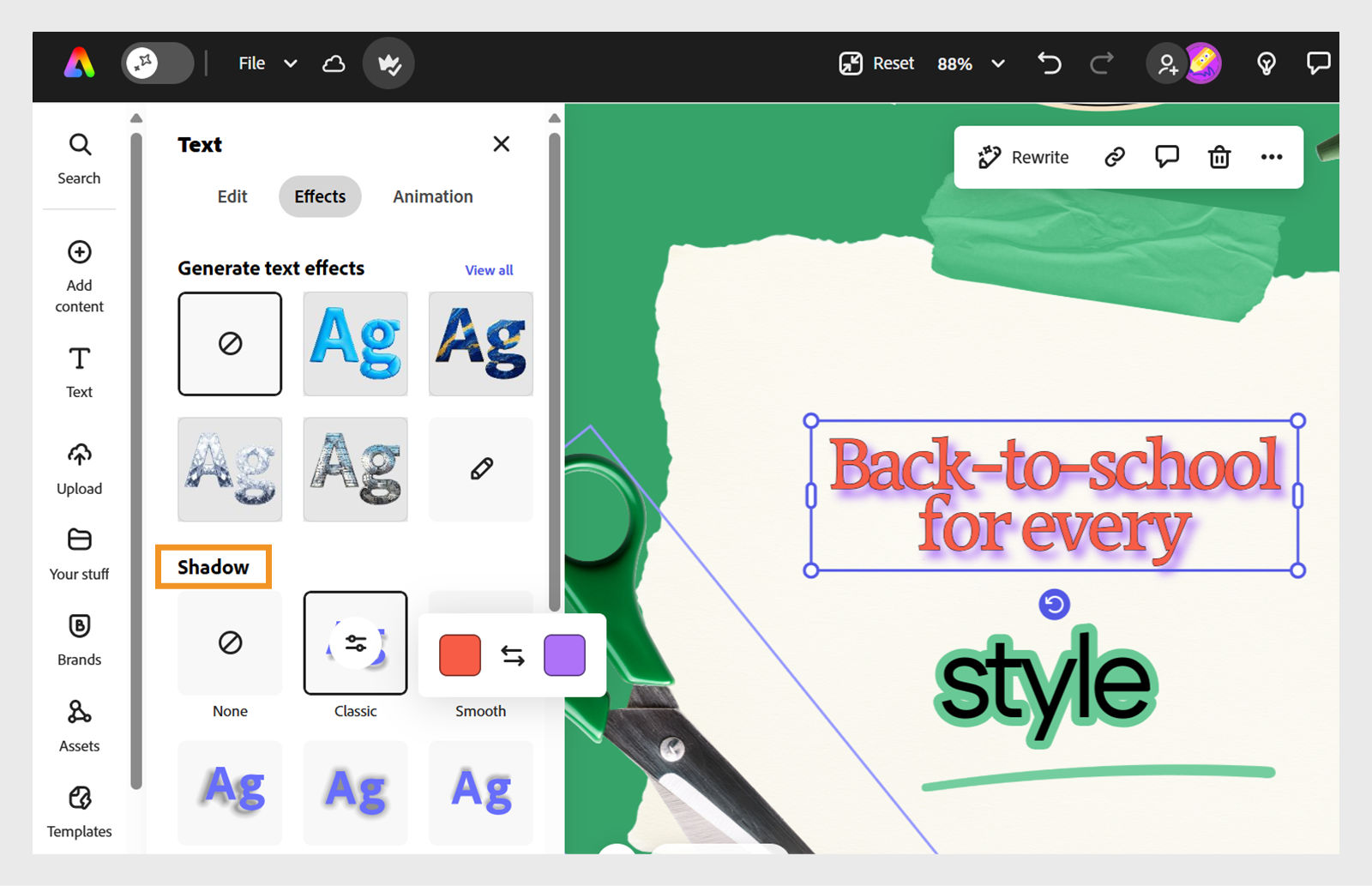 Adobe Express editor with a design open, showing the Text panel in the Effects section. Various shadow effects are displayed, with a shadow effect applied to the text on the page.