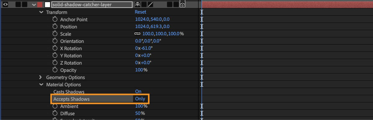 The Material Options for the solid 3D layer is open and it has Accepts Shadows specified as Only.