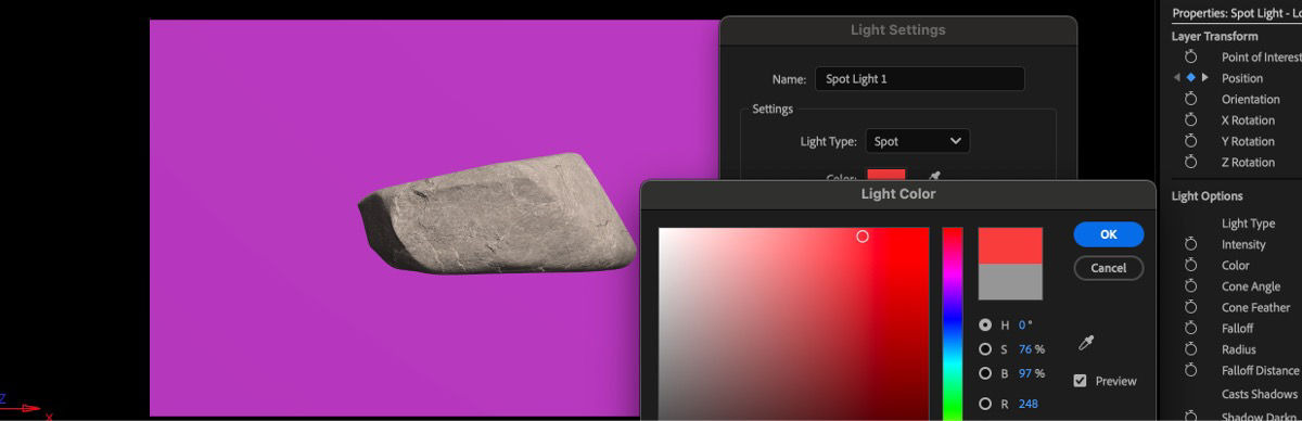 The Light Settings dialog box is currently open, offering a selection of colors in the Light Color prompt. The chosen color will determine the light's hue in the 3D scene.