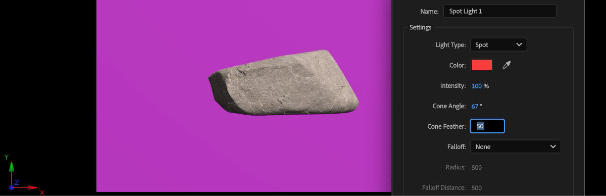 The Light Settings dialog box is open with the Spot light selected. The light color, intensity, cone angle, and cone feather are adjusted to modify the Spot light's appearance in the 3D scene.