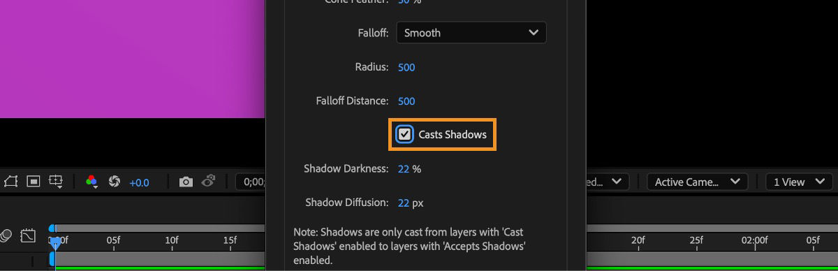 The Light Settings dialog box is open with the Casts Shadows option selected, enabling the light to cast shadows in the 3D scene.