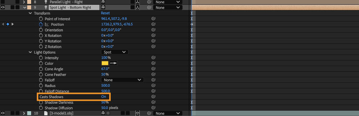 In the Timeline panel, a Spot light's properties are listed and under Light Options, the Cast Shadows property is turned on.