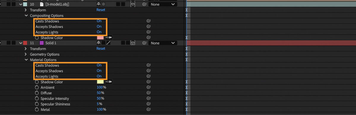 In the Timeline panel, the 3D layers' properties are expanded. For the layer with the 3D model, the lights and shadows are enabled under Compositing Options. For the Solid 3D layer, the lights and shadows are enabled under Material Options.