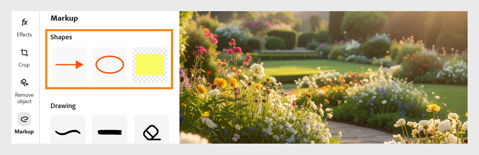 Markup panel in Adobe Express Photos app showing shape options (arrow, oval, and rectangle) to apply on an image.