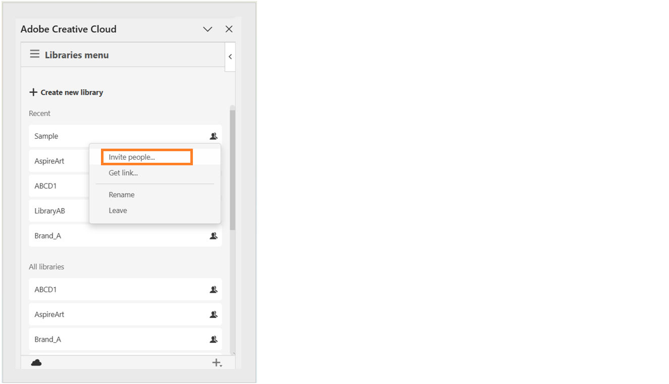 In the right panel of the interface, the user navigates to a specific library, right-clicks on it, and selects the first option, "Invite people," from the context menu that appears.