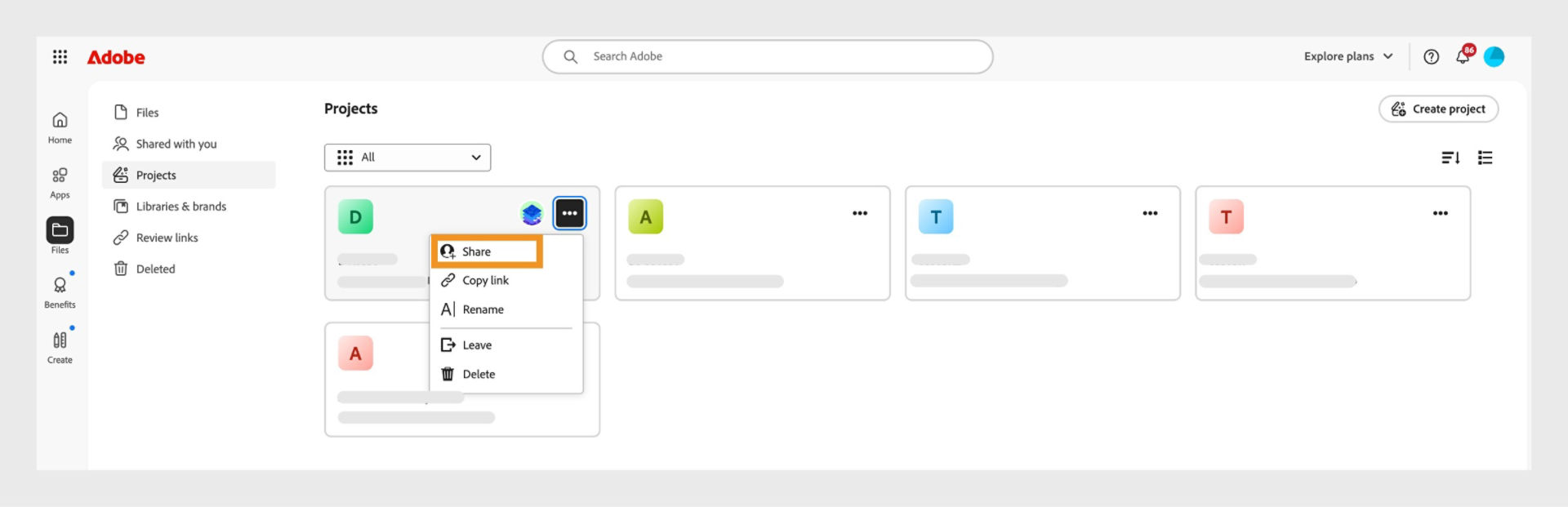 Adobe Creative Cloud interface displaying a dropdown menu with options to share, copy link, rename, leave, or delete.