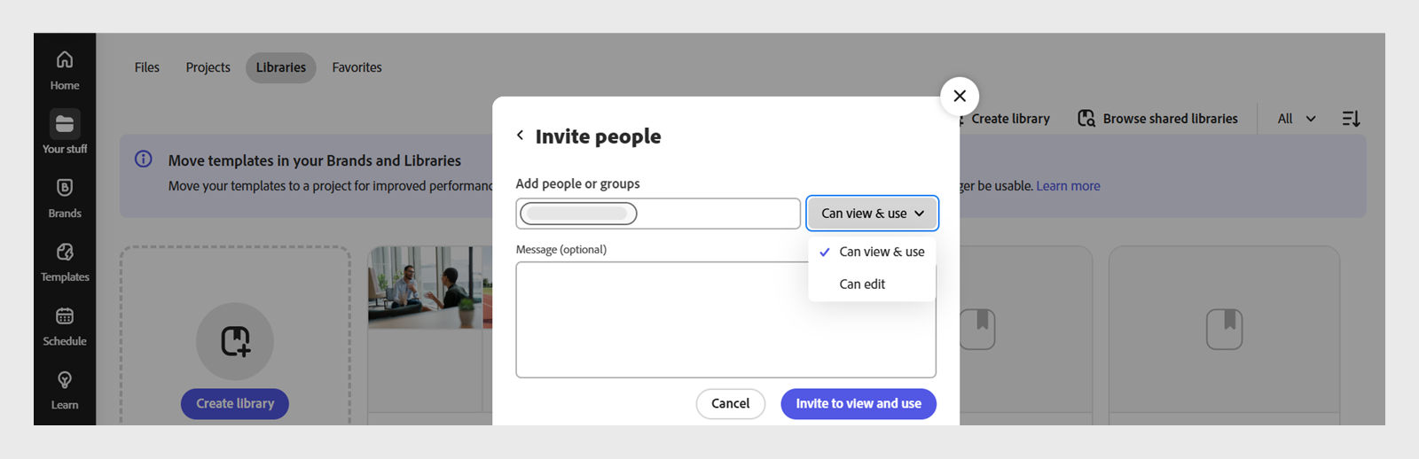 The Invite people prompt is open with a field to add the email address and invite to either edit or view & use. It also has a field to add a message to the recipient. 