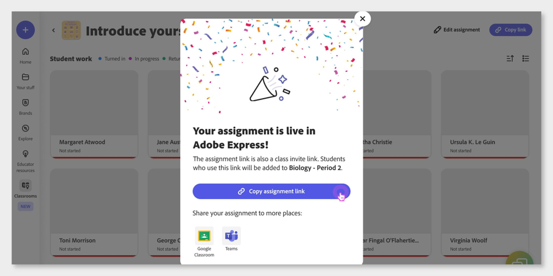    A dialouge box is open to inform educators that the assignment is live in Adobe Express. There is a button to copy the assignment link which can be shared with students.