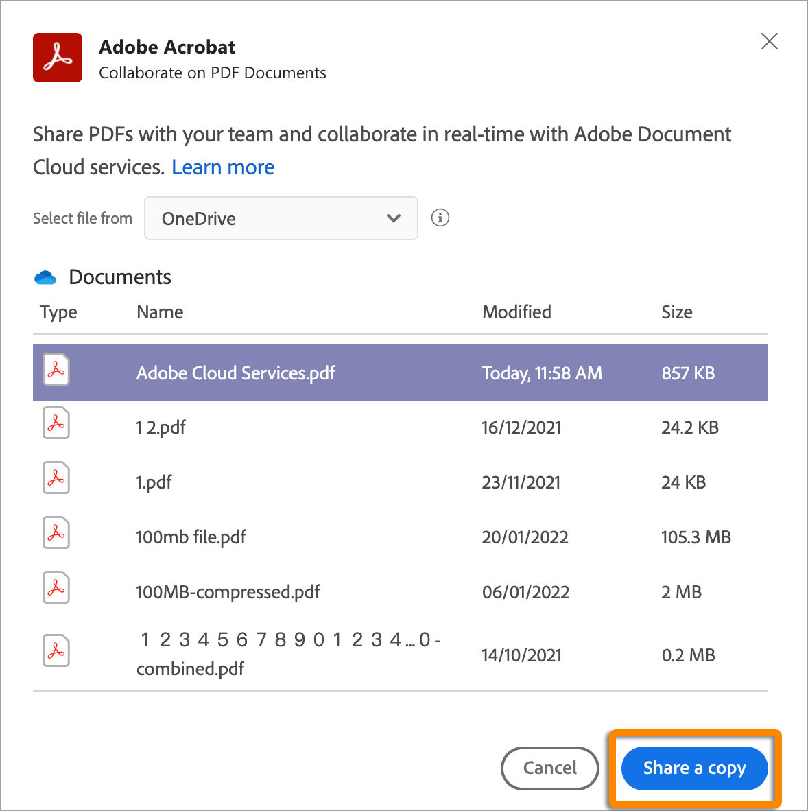 Share a copy of your PDF imported from One Drive