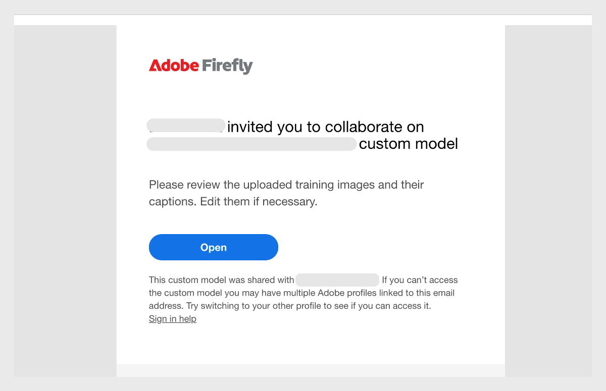 A email that has a link to open the shared custom model.