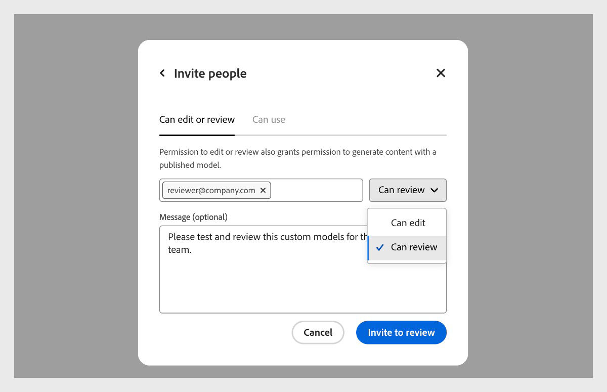 The Invite people dialog box is open. Under the Can edit or review tab, an email address is entered, and the Can review permission is selected.