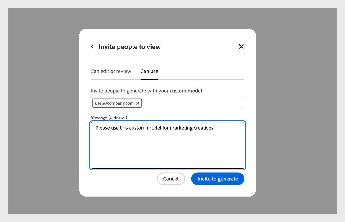 The 'Invite people to view' dialog box is open, and under the 'Can use' tab, there's an email address of a user who is being invited to access the custom model.