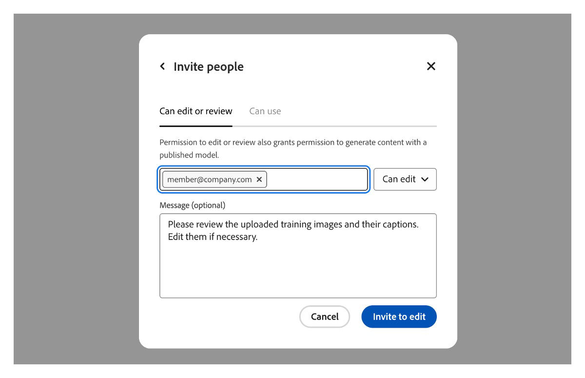 The Invite people dialog box is open and there is an email address and message for the collaborator.