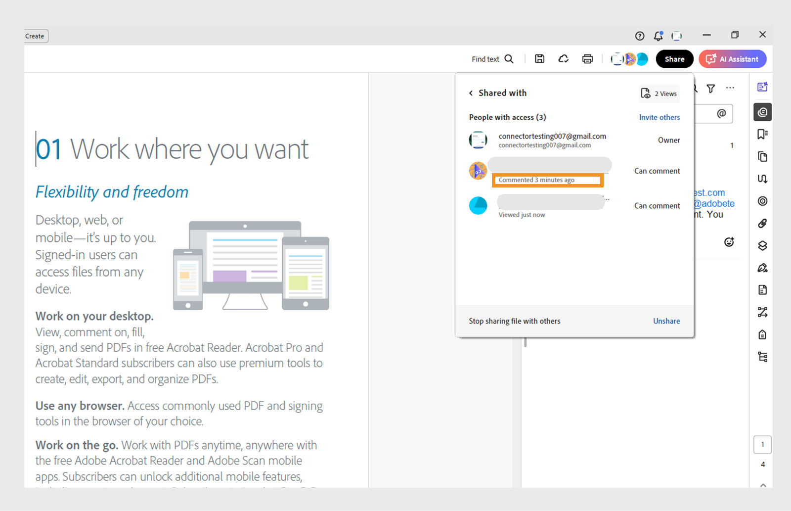 share dialog box showing the list of users and their recent actions 