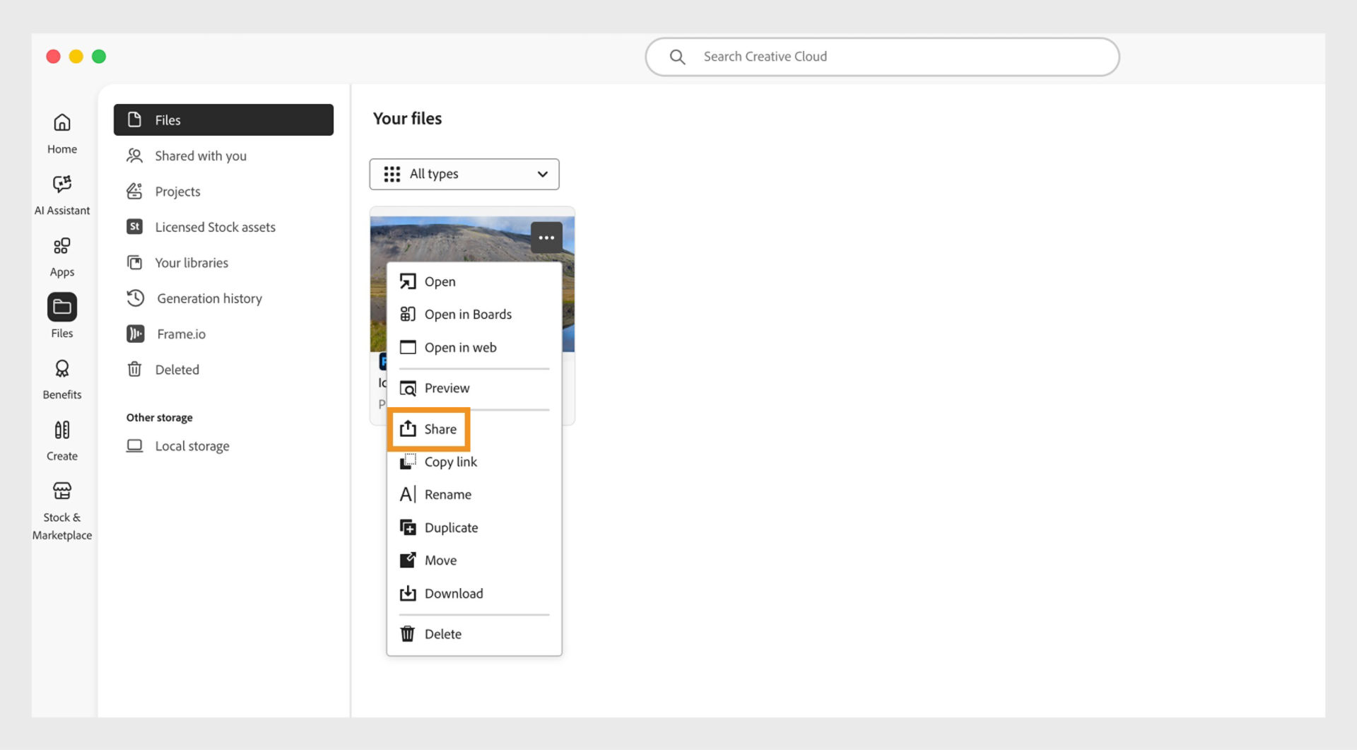Creative Cloud desktop app showing a file options menu with the Share option highlighted.
