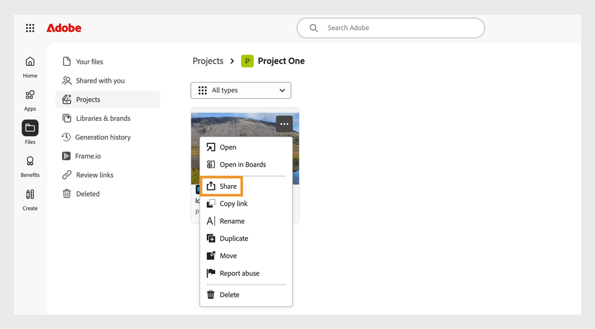 Adobe interface showing a list of projects. The dropdown menu next to a project thumbnail displays the ‘Share’ option, indicating where users can manage sharing settings.