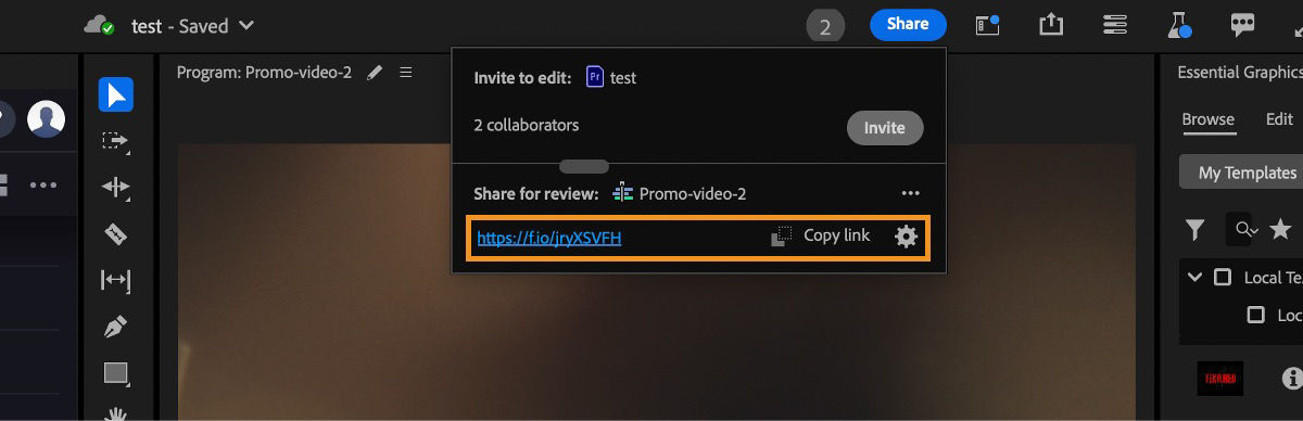 Under the Share for review section, a review link is created. There are options to select the link or copy the link for sharing.