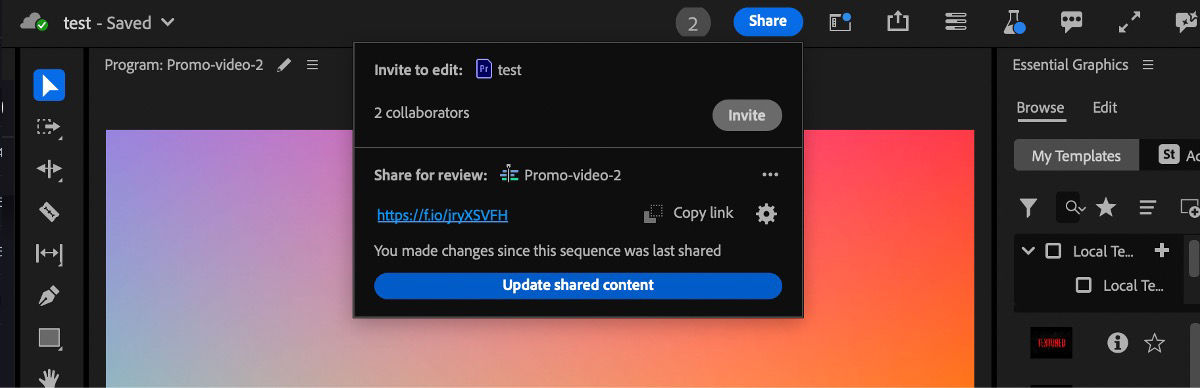 Under the Share for review section, the Update shared content to push the changes made to the active sequence.