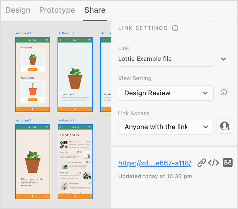 Click the Behance icon next to the published link