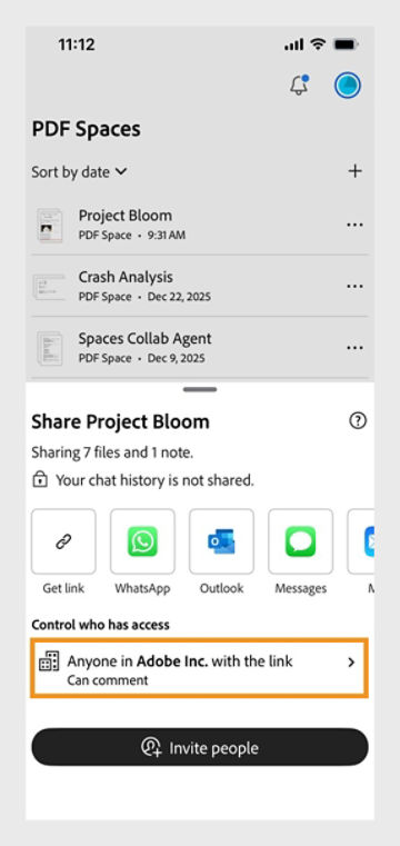 The Share dialog for a PDF Space on Acrobat mobile displays fields to invite people, set link access levels, and choose recipient permissions such as adding files, notes, and comments.