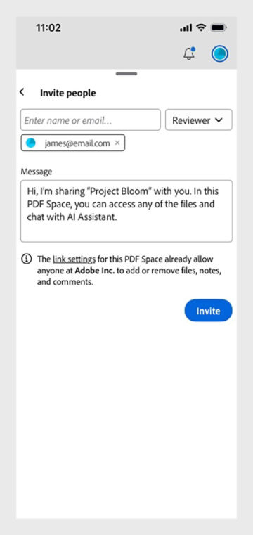 Sharing dialog box for inviting recipients to access a PDF Space, with access settings options and Send button.