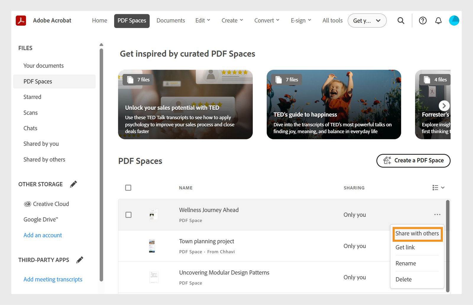 PDF Space listing is hovered with the three-dot menu open and “Share with others” highlighted for sharing and access control.