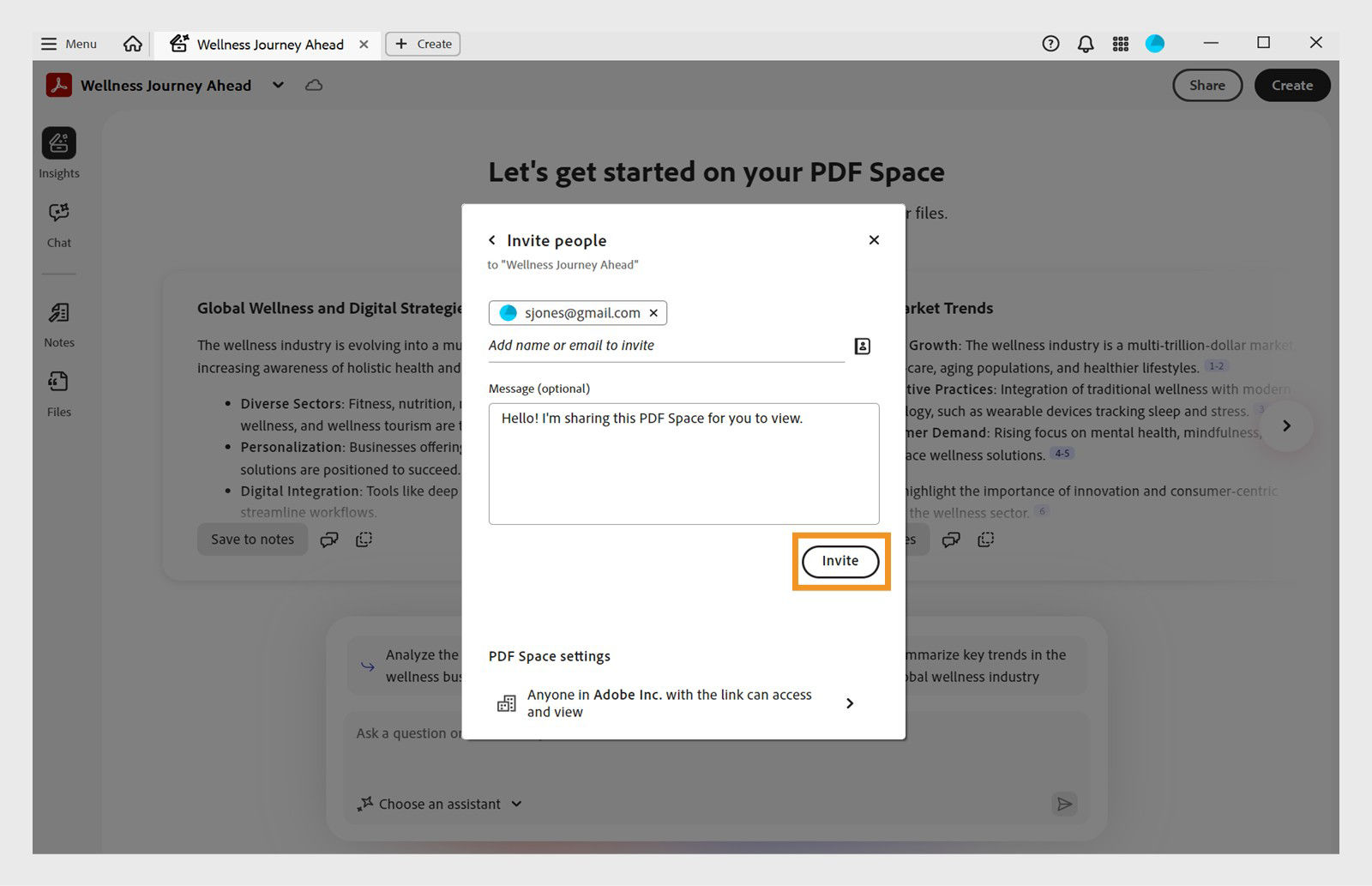Dialog box for inviting recipients to access a PDF Space, with access settings options and the Invite button for confirmation.