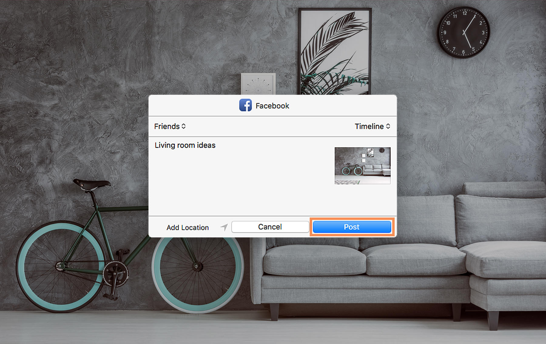 Facebook status box opens with privacy and sharing options, Post button is highlighted, and image is shared to timeline.