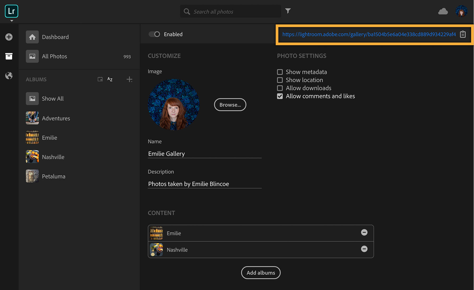 Copy the unique URL at the top to share your web gallery.