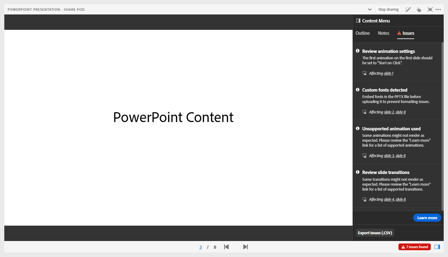 Screenshot illustrating where hosts will see issues detected in uploaded PPT content