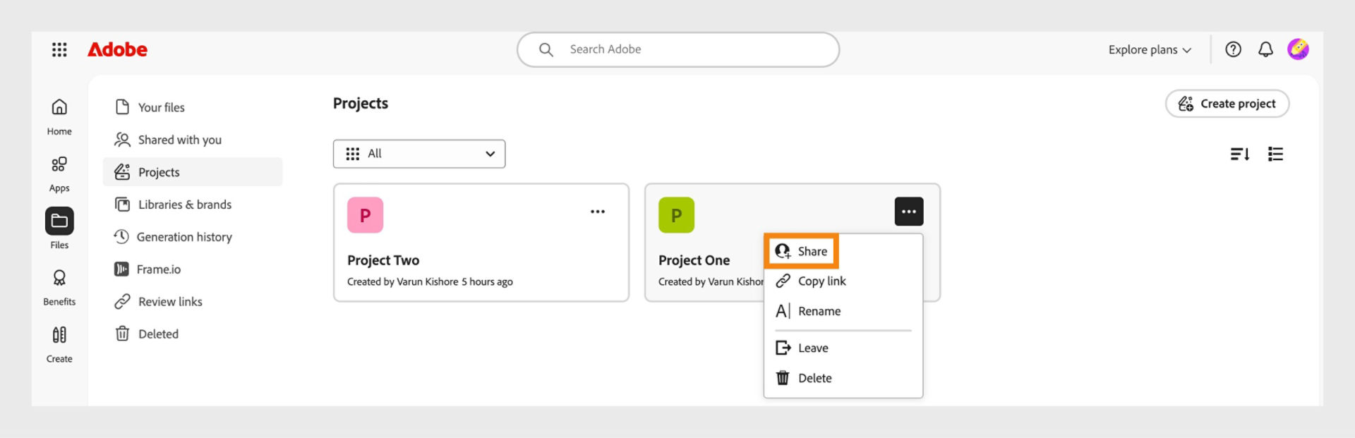 Adobe Creative Cloud interface displaying a dropdown menu with options to share, copy link, rename, leave, or delete.