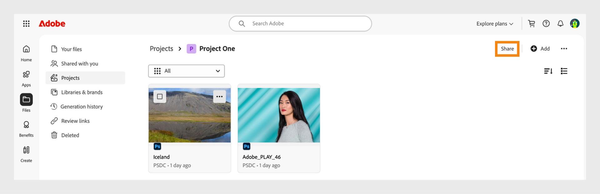 The Share button, available at the upper-right corner of the project screen, allows you to share your project with collaborators. 