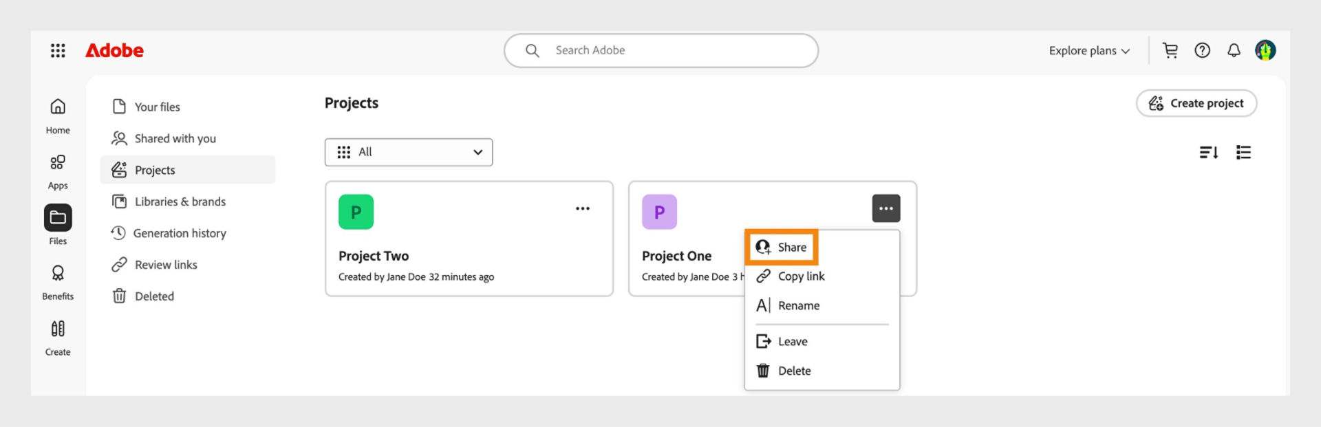 Adobe Creative Cloud interface displaying a dropdown menu with options to share, copy link, rename, leave, or delete.
