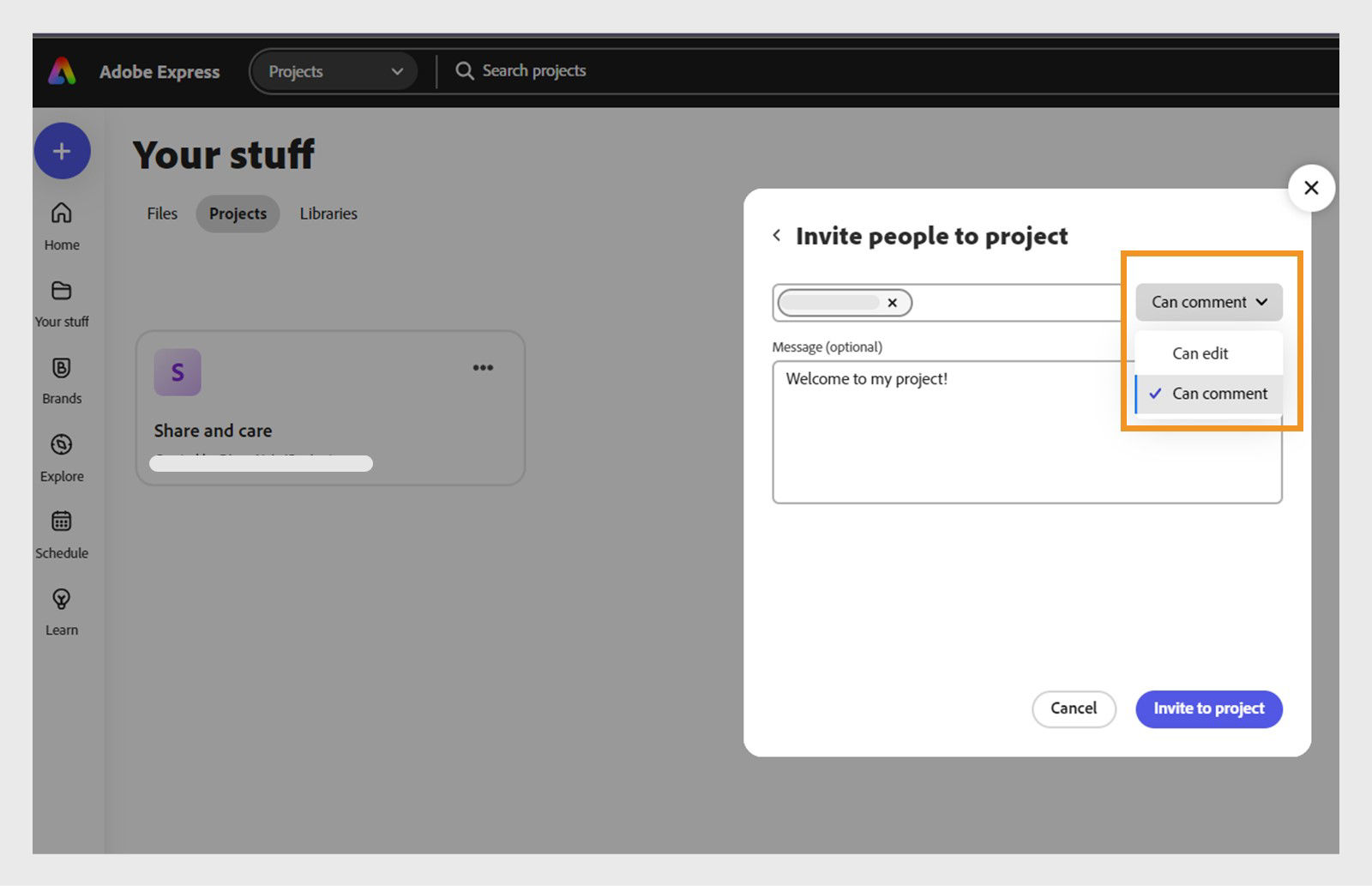 Project Share and care open in the Projects panel in Adobe Express. The Invite to people dialog box is open with the dropdown "can comment" seelcted for a project member.