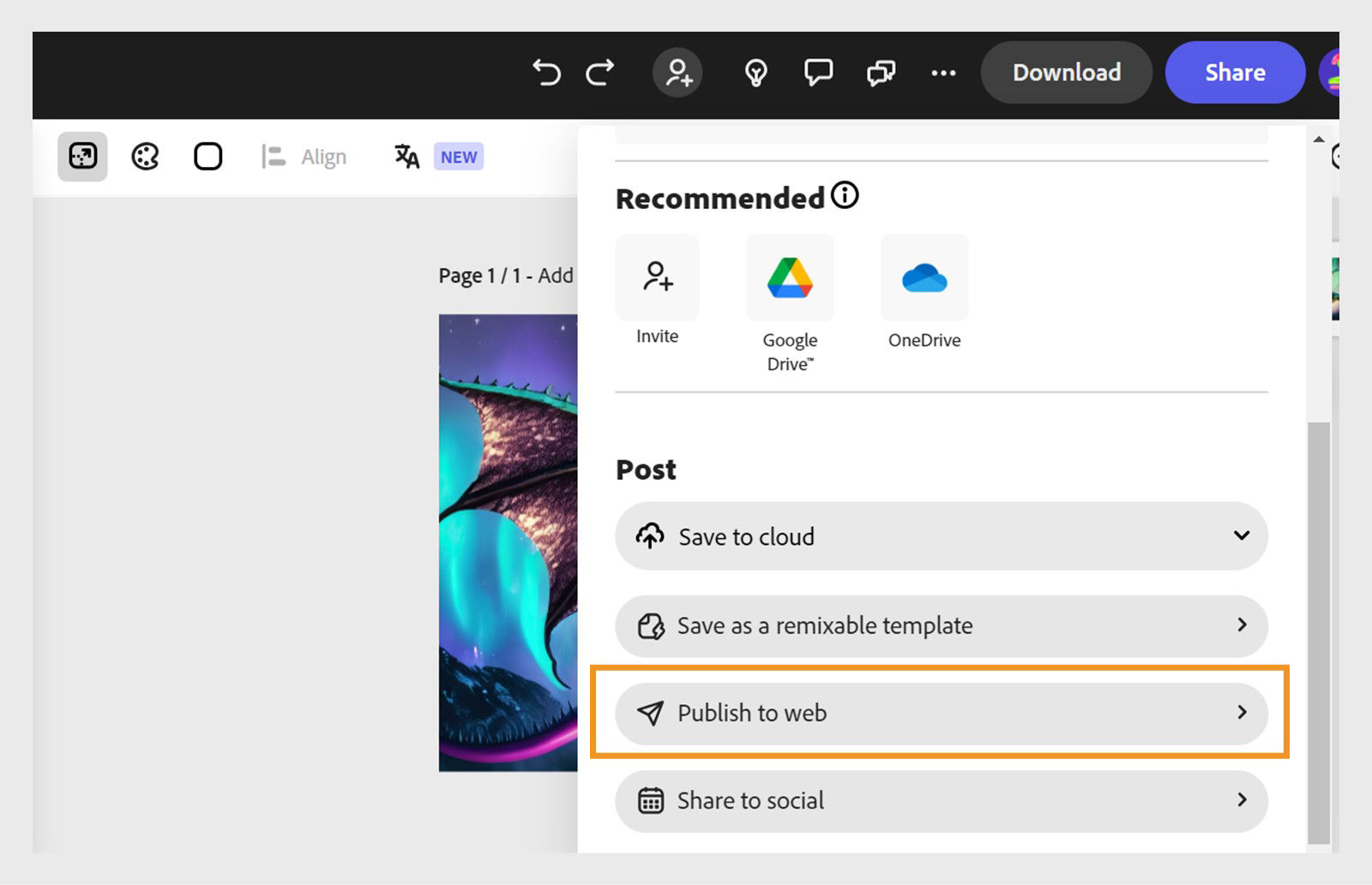 The Share panel is open in the Adobe Express editor with Publish to web selected. You can also view the Download button.