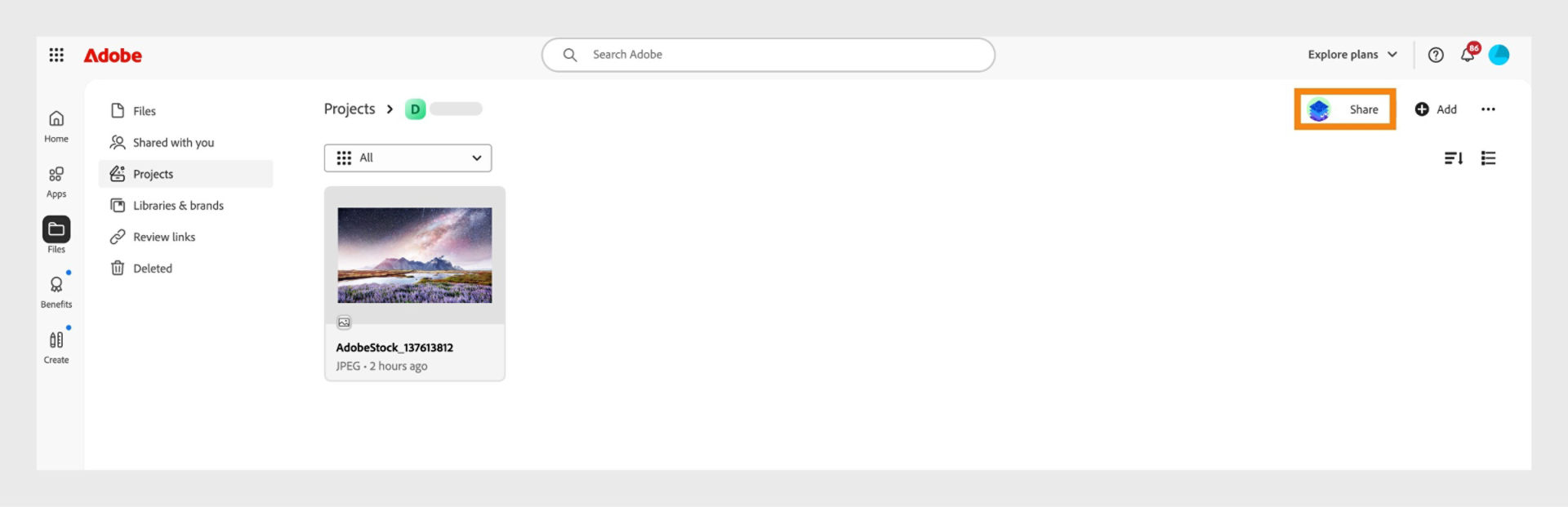 Adobe Creative Cloud interface showing Files, Shared with you, Projects, Licensed Stock assets, Your libraries, and Deleted.