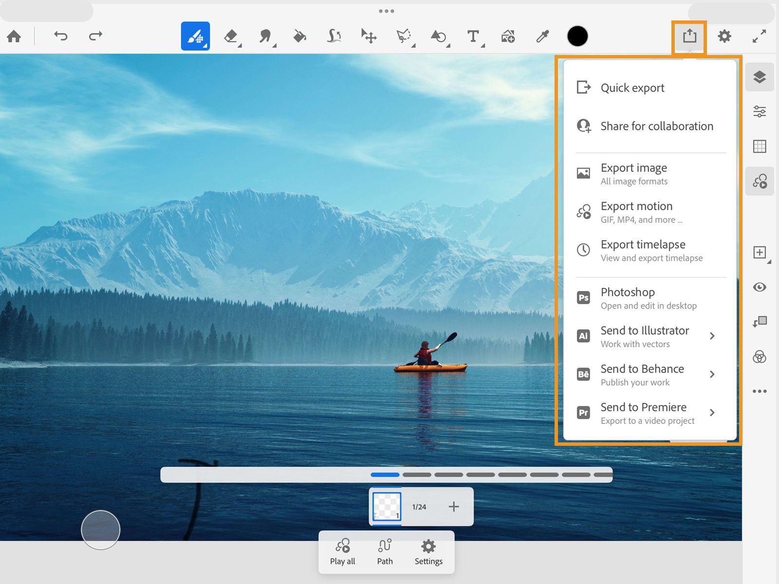 Share menu showing options to export images, motion, and timelapse files, collaborate, or send artwork to Adobe apps.