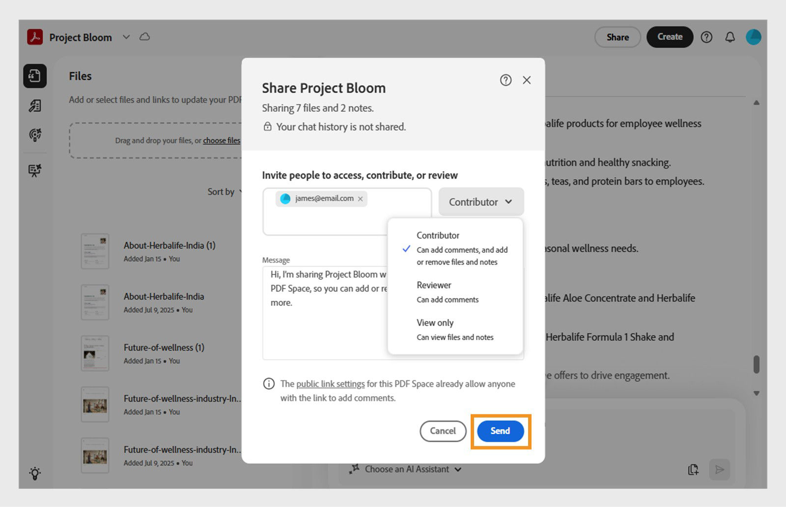 Sharing dialog box for inviting recipients to access a PDF Space, with access settings options and Send button.