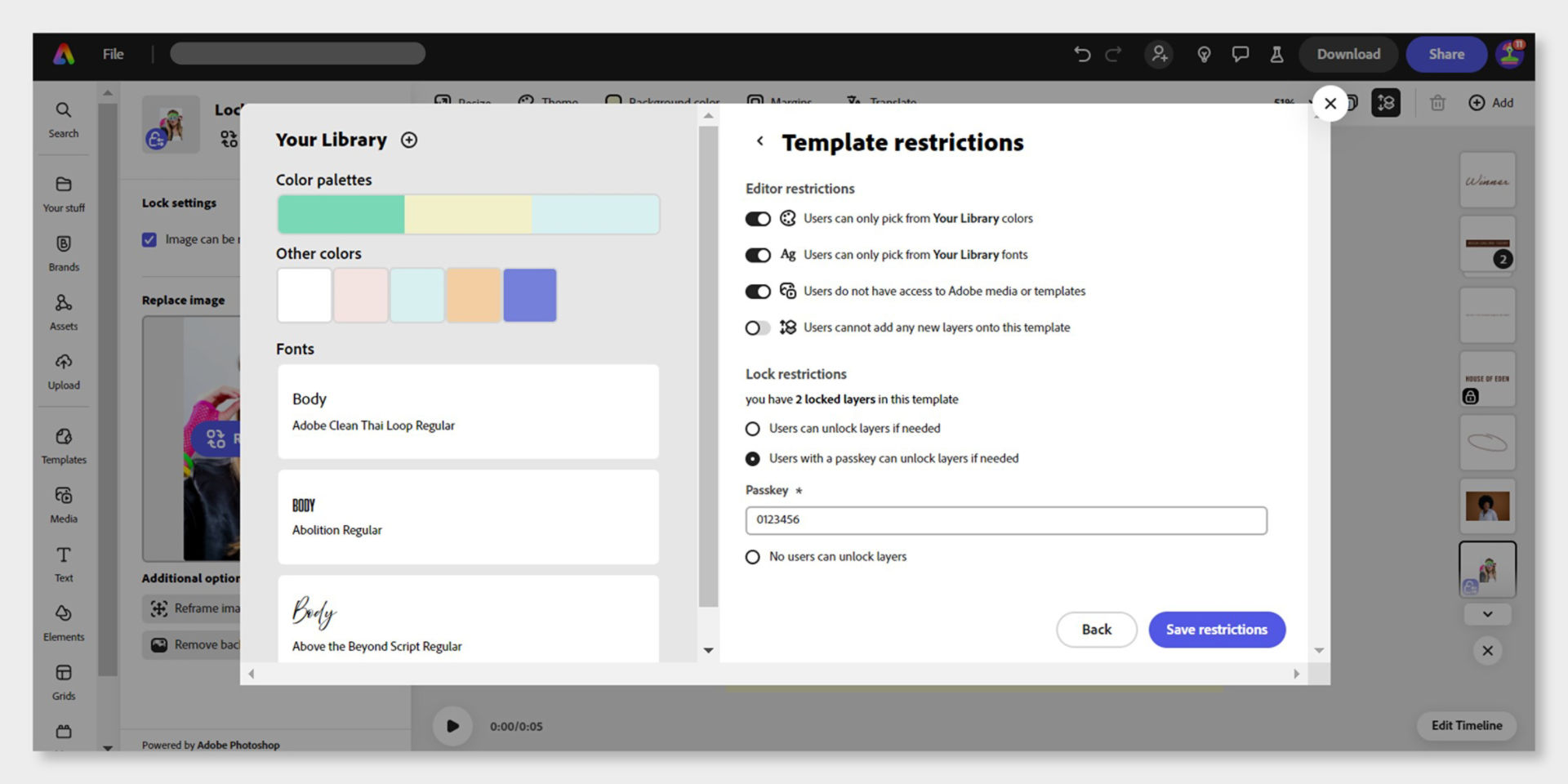 The template restriction panel is open in Adobe Express with toggles switch Editor and Lock restrictions. A passkey is entered in the passkey section.