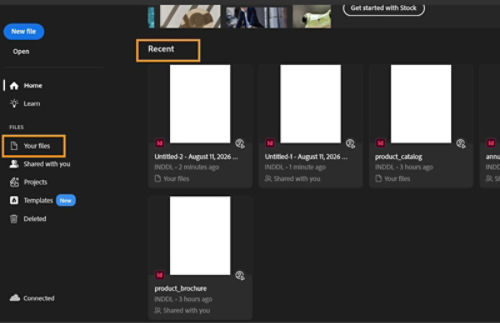 InDesign Home screen is open displaying the shared documents, and the options Your files and Shared with you are highlighted.