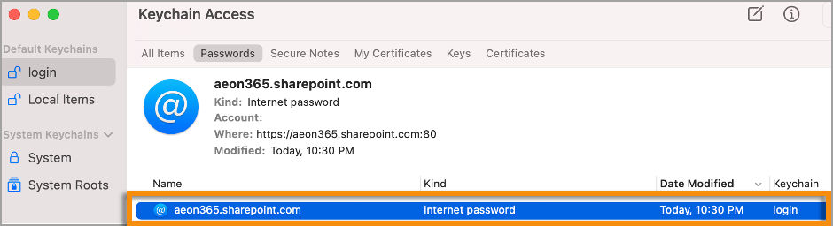 SharePoint site entry in Keychain Access application on macOS