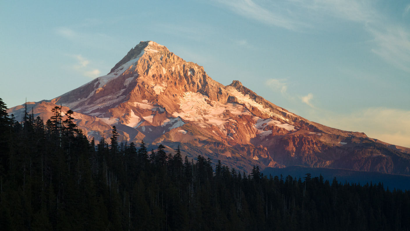 Snow-capped mountains with evergreen trees in front against a light blue sky. 