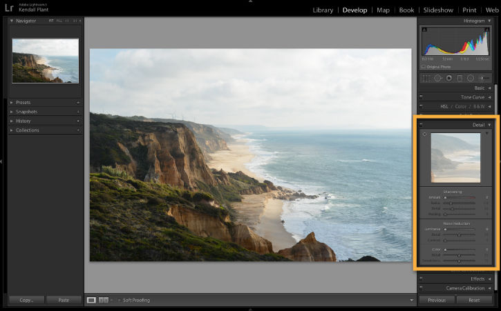 The Details panel in Lightroom Classic is highlighted and the shoreline image is ready for editing.