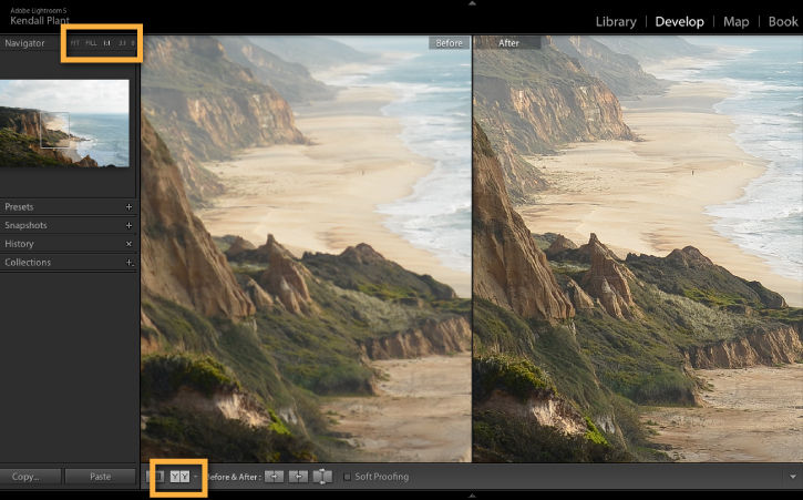 Before: Close-up of grassy areas on cliffs appears blurry. After: Grassy areas are sharper with more definition. 