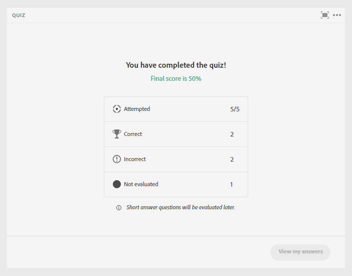 Participant view of quiz evaluation screen for a quiz with short answer type question