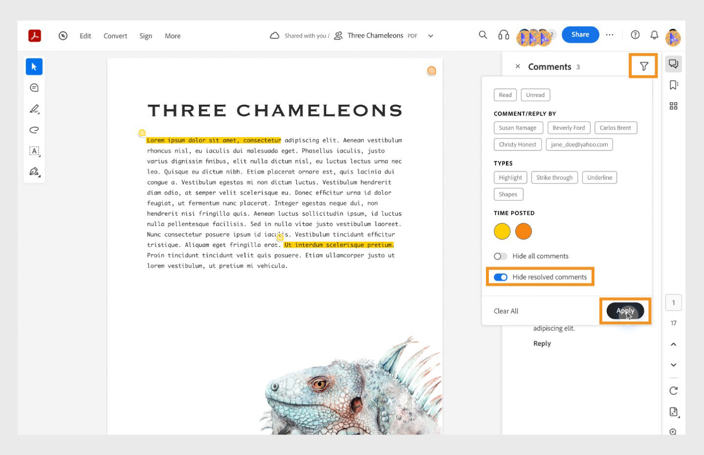 Show or hide selected comment option is displayed in the comment panel