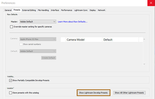 Show Lightroom Develop Presets