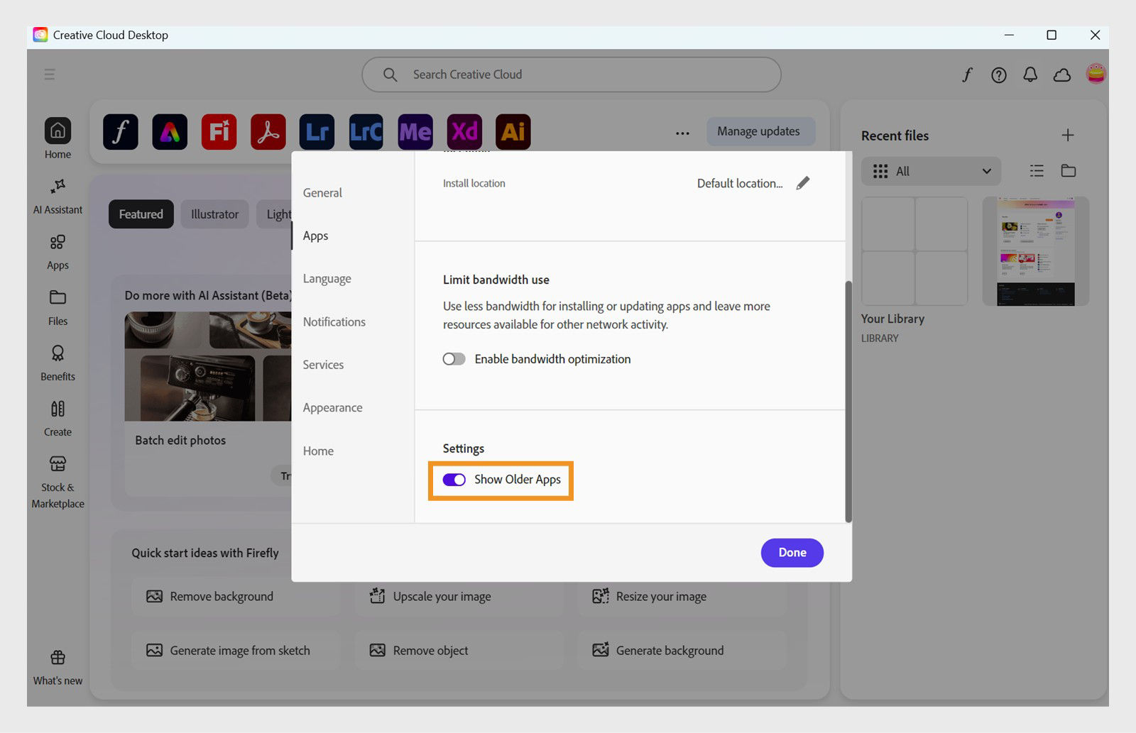 The Apps tab in the Preferences window provides the option for Creative Cloud desktop app to display older app versions. 