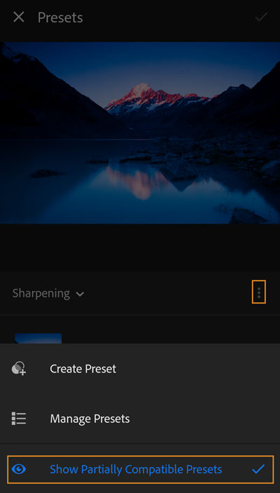 Ipakita ang Bahagyang Katugmang Mga Preset na naka on sa pamamagitan ng default