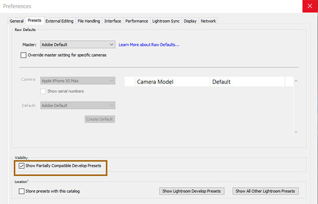 Show Partially Compatible Develop Presets